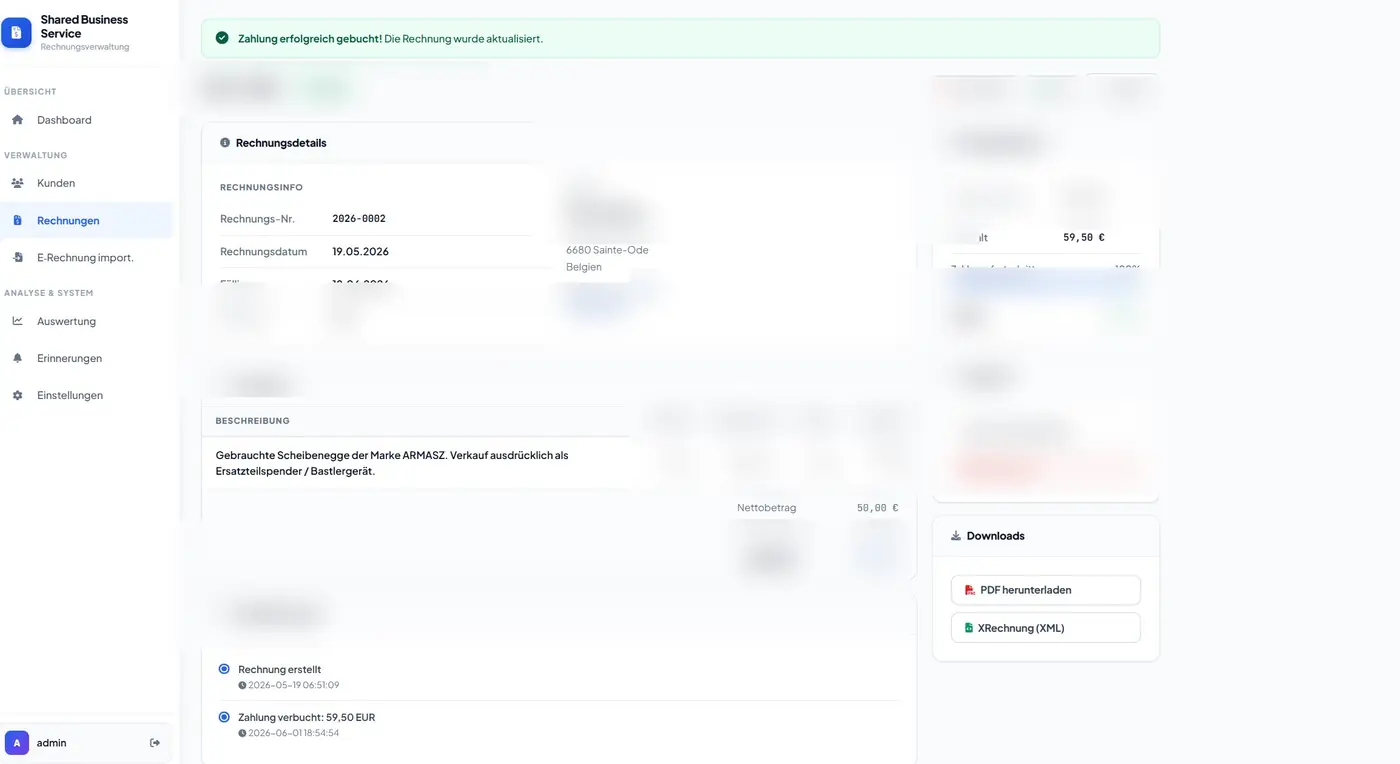GoFakt Rechnungsdetail — Zahlungsstatus, PDF-Download und XRechnung XML-Export