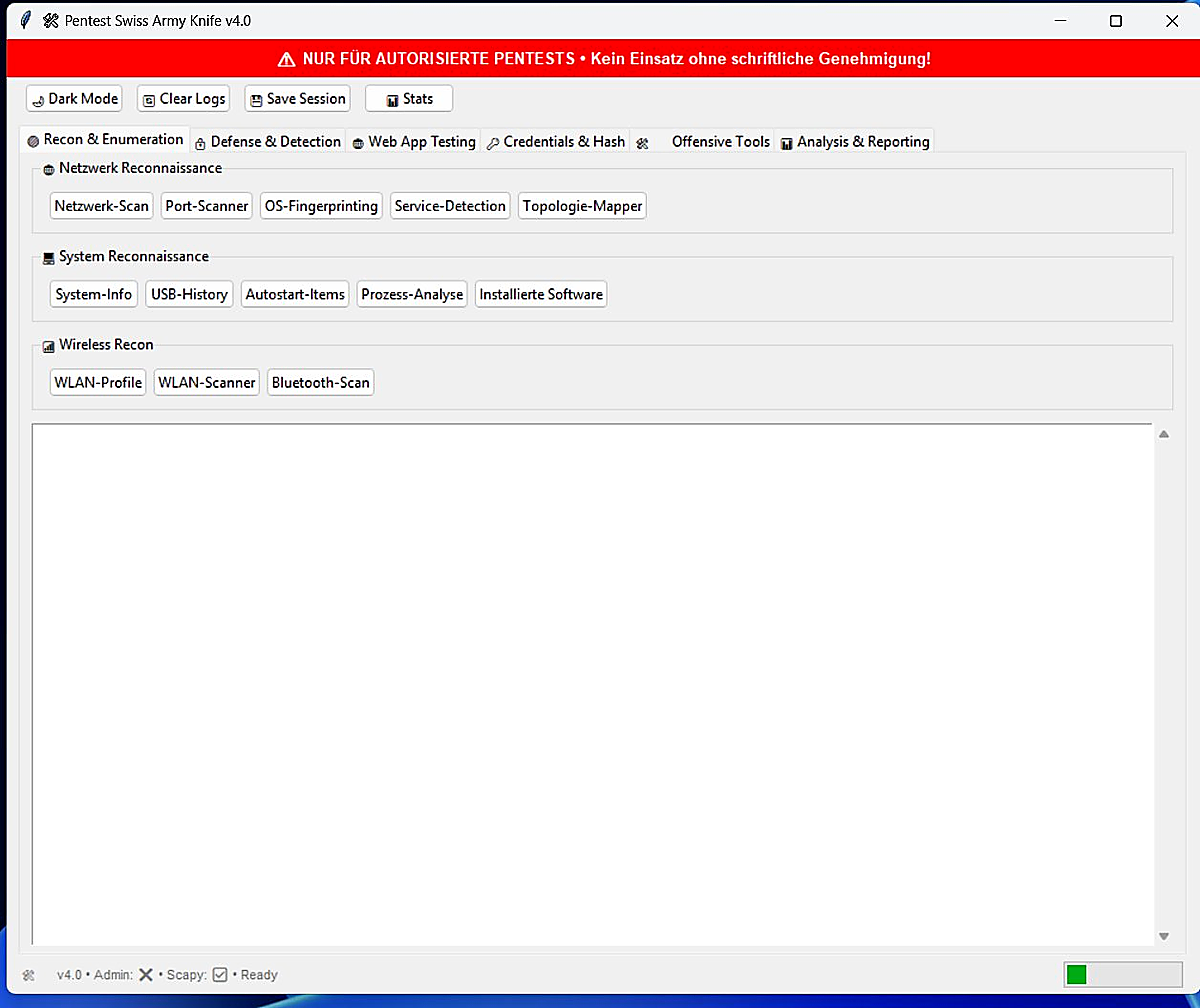 Pentest Swiss Army Knife v4.0 — Recon & Enumeration: Netzwerk-Scan, Port-Scanner, OS-Fingerprinting, Service-Detection, Topologie-Mapper, USB-History, Prozess-Analyse, WLAN-Scanner, Bluetooth-Scan