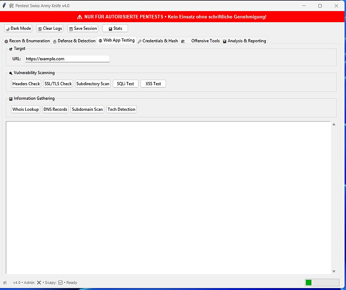 Pentest Swiss Army Knife v4.0 — Web App Testing: Headers Check, SSL/TLS Check, SQLi Test, XSS Test, Subdirectory Scan, Whois Lookup, DNS Records, Subdomain Scan, Tech Detection